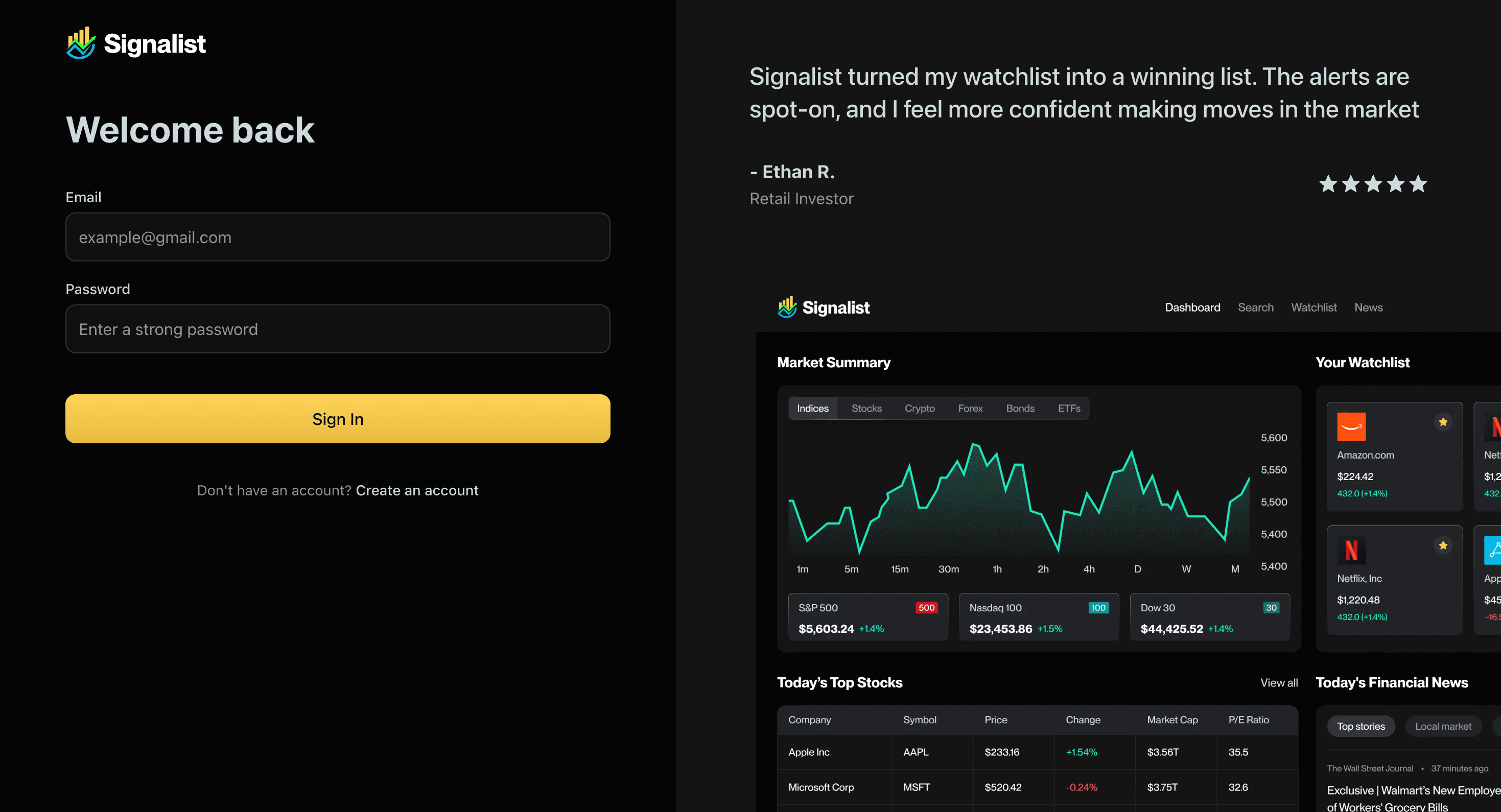 Signalist - Stock Tracker website preview